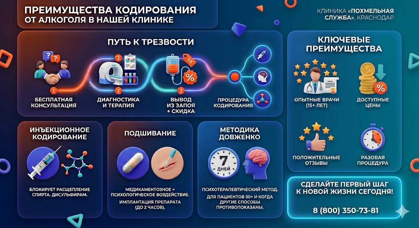 Инфографика о методах кодирования от алкоголя в Николаевске-на-Амуре: инъекции, подшивание, метод Довженко. Преимущества клиники и этапы лечения.